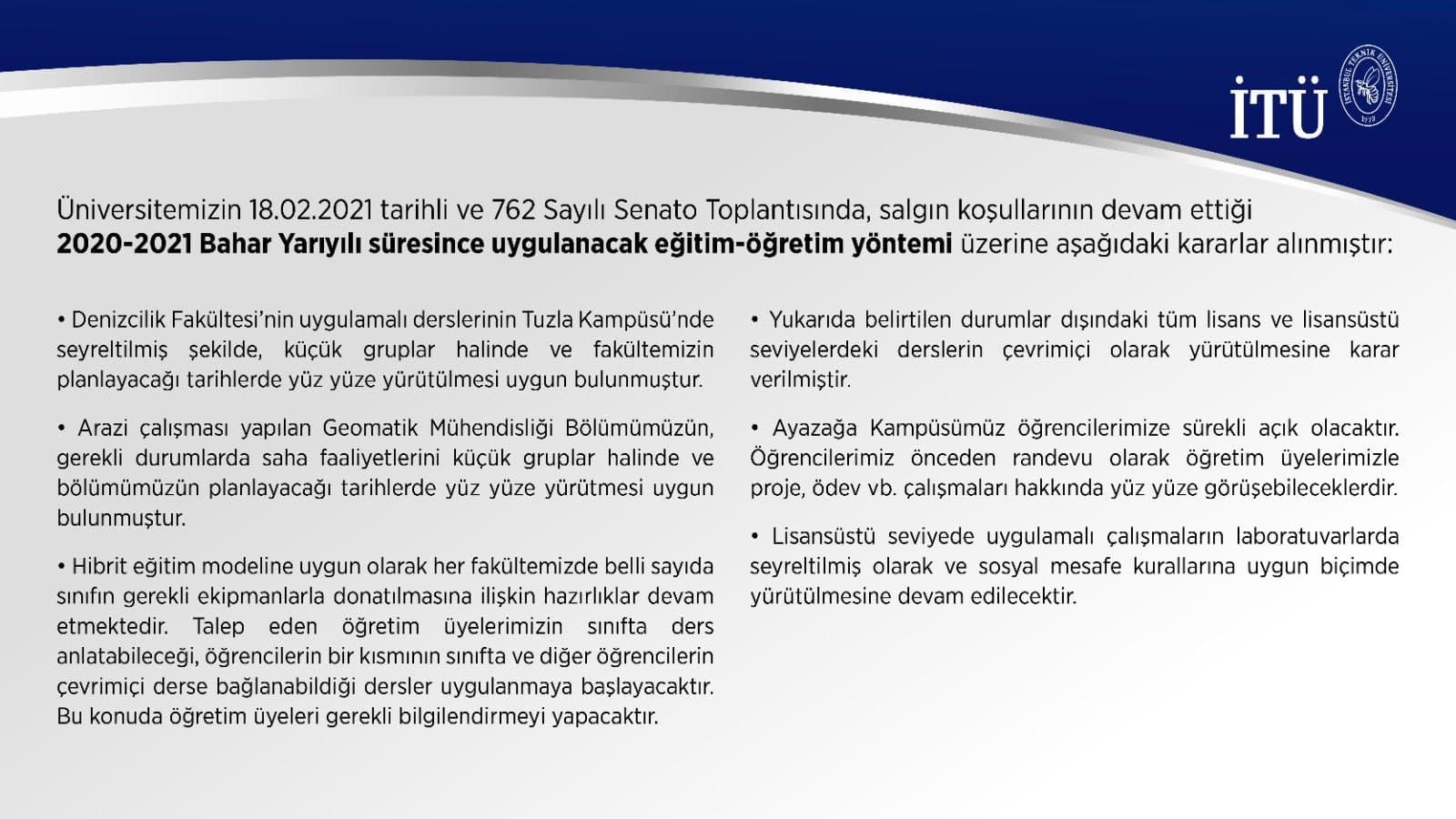 Kesinleşti: İTÜ'de bahar dönemi "ucundan" hibrit olacak