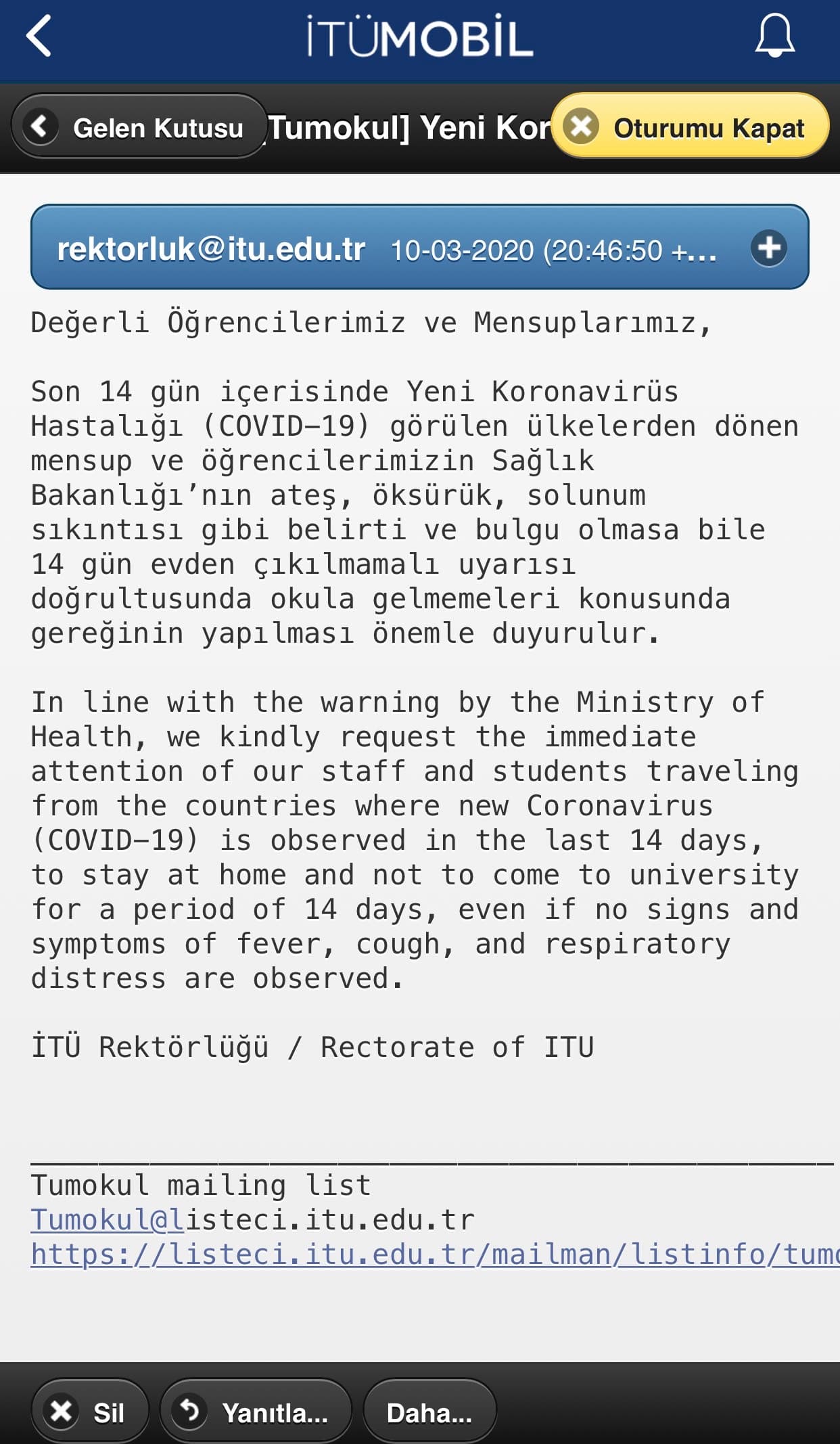İTÜ'den Coronavirüs mailleri