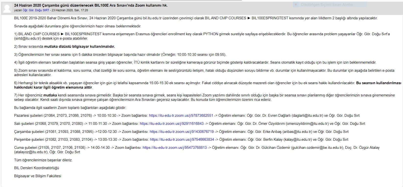 BIL100E ara sınavında dizüstü bilgisayar kullanımı zorunlu duyurusu tepki topladı